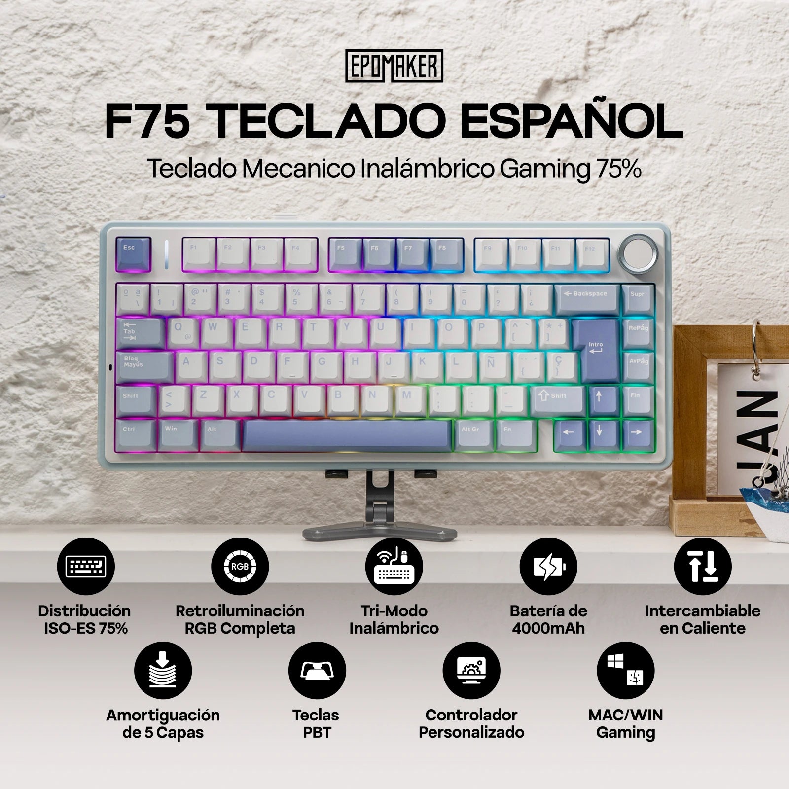EPOMAKER AULA F75 ISO-ES 75% Spanish QWERTY Hot-Swap Gasket-Mounted Wired/Bluetooth/2.4GHz Wireless Mechanical Gaming Keyboard RGB Backlight