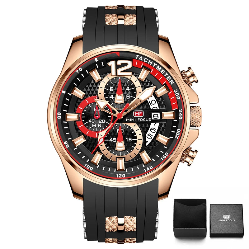 MINI FOCUS Red Watch for Men Fashion Luxury Chronograph Quartz Wristwatch with Silicone Band Luminous Hands Date Waterproof 0350