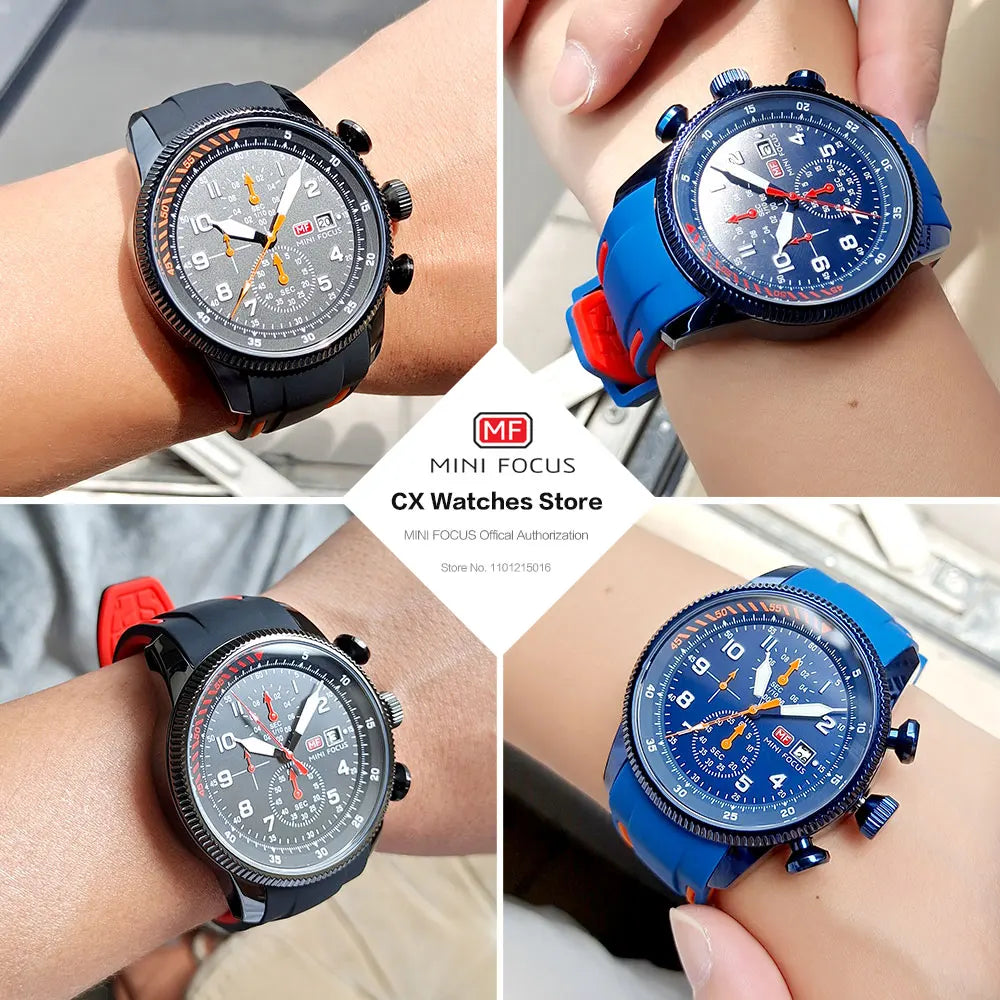 MINI FOCUS Sport Quartz Watch for Men Fashion Waterproof Chronograph Wristwatch with Blue Silicone Strap Auto Date Luminous 0379