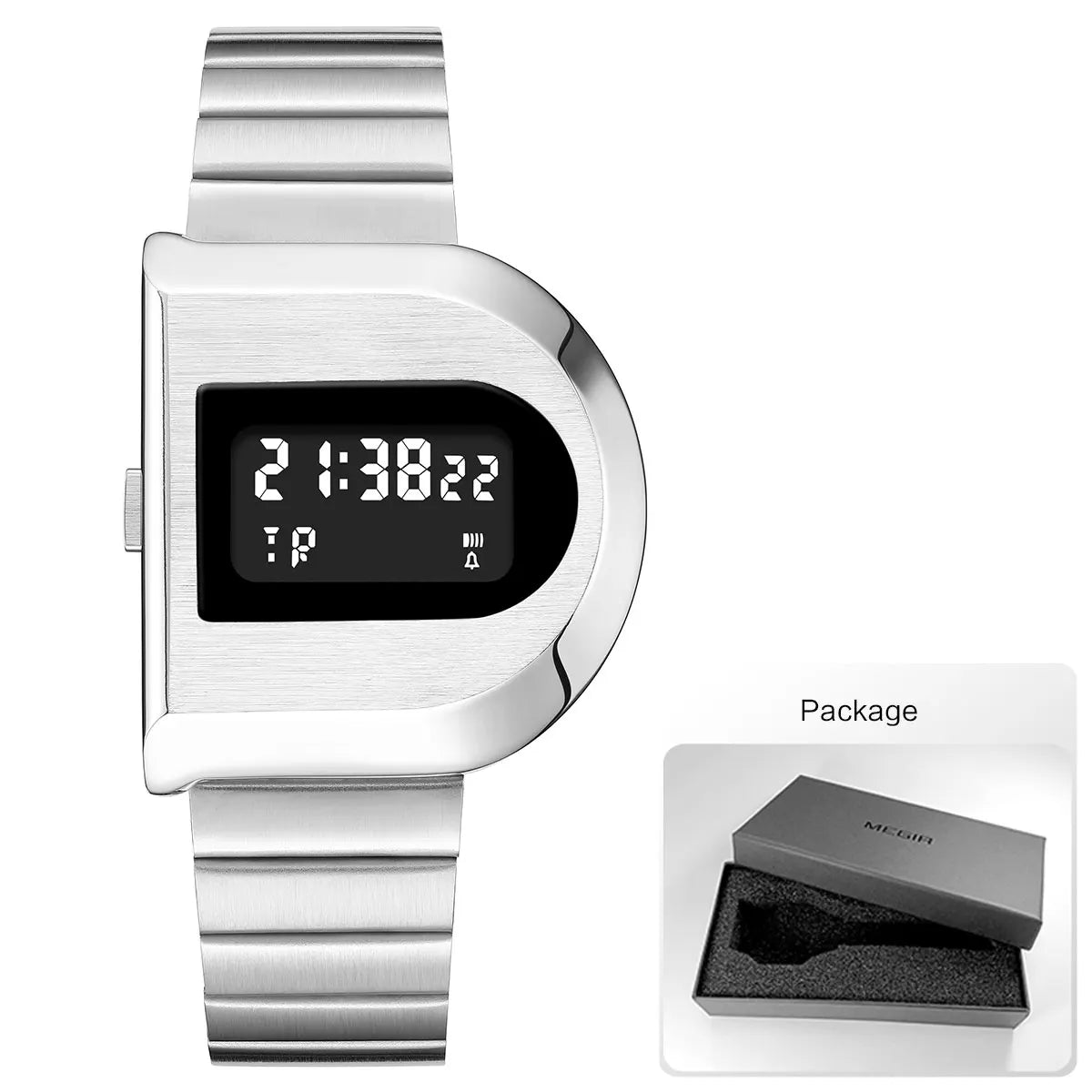 Fashion Unisex Digital Electronic Watch with Stopwatch Backlight Alarm Week Date Stainless Steel Band Wristwatch for Couple 0321