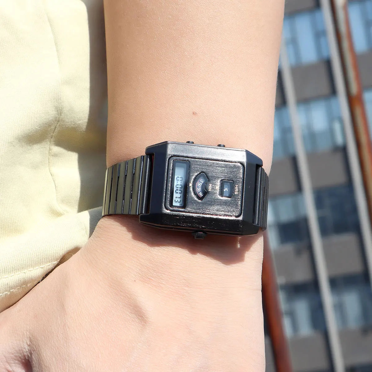 Fashion Quartz Electronic Dual Movement Men's Watch Tri-Display Backlight Alarm Unisex Wristwatch with Stainless Steel Strap