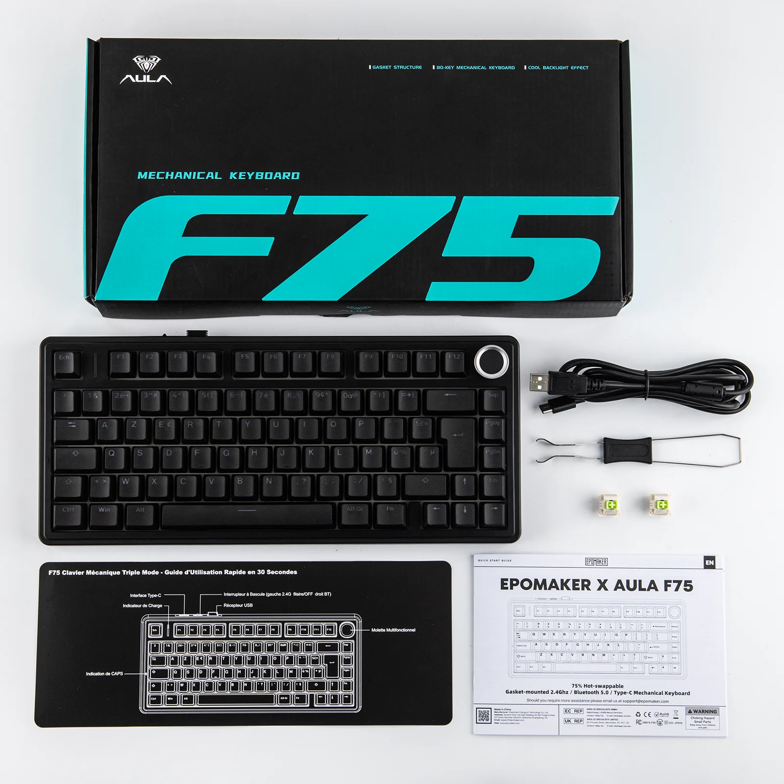 AULA F75 ISO-FR 75% AZERTY French Layout Wired/Bluetooth/2.4G Wireless Mechanical Gaming Keyboard RGB Backlighting 4000mAh Battery For Win/Mac