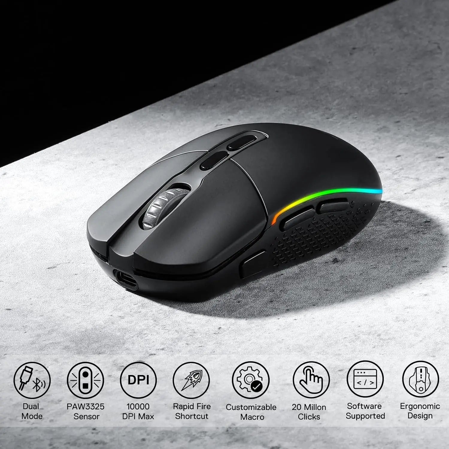 Redragon M719 Pro Wireless Optical Gaming Mouse, 8 Programmable Buttons, RGB 10,000 DPI, Ergonomic PC Computer Gaming Mice