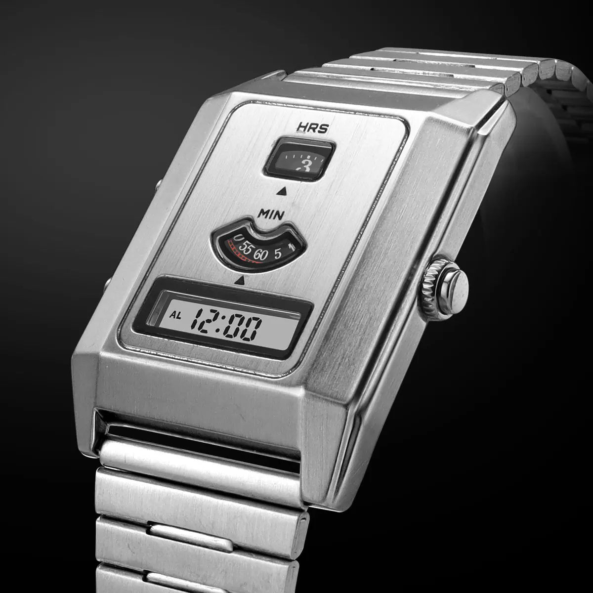 Fashion Quartz Electronic Dual Movement Men's Watch Tri-Display Backlight Alarm Unisex Wristwatch with Stainless Steel Strap