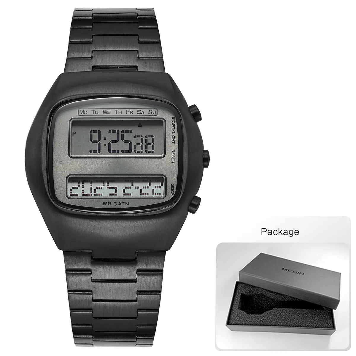 Unisex Retro Digital Wristwatch Dual-Display Stainless Steel Strap Men's Wristwatch with Backlight Calendar Date Month Year Day