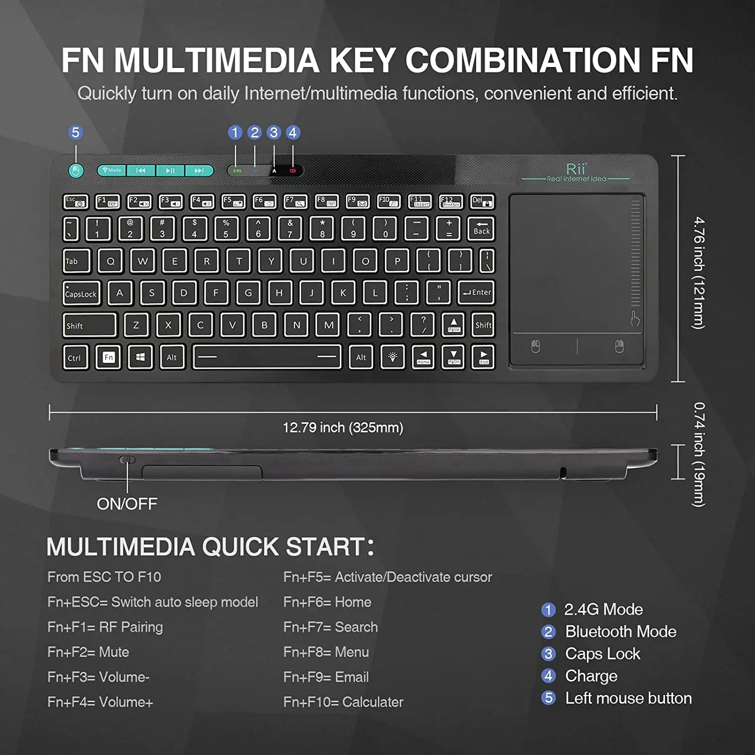 Rii K18S Mini Bluetooth Wireless 2-LED Color Backlit Multimedia Keyboard Mouse Rechargable Keyboard For Android TV Box /PC