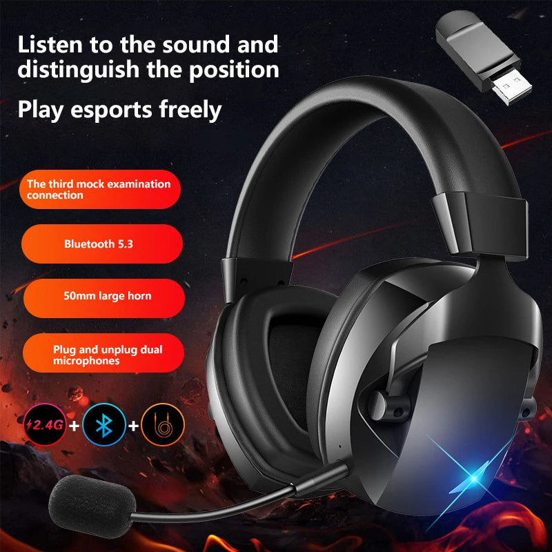 Wireless Gaming Headset With Detachable Noise Cancelling Microphone 2.4G Bluetooth-USB-3.5mm Wired Jack 3 Modes For Multi-device