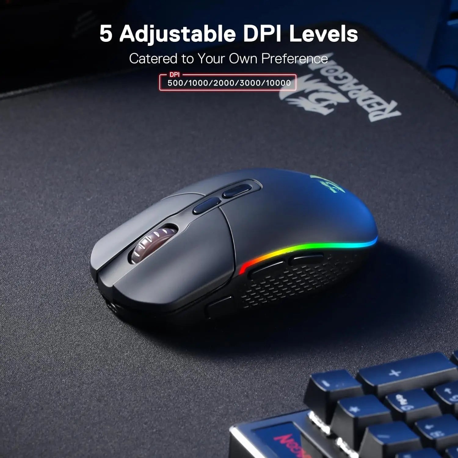 Redragon M719 Pro Wireless Optical Gaming Mouse, 8 Programmable Buttons, RGB 10,000 DPI, Ergonomic PC Computer Gaming Mice